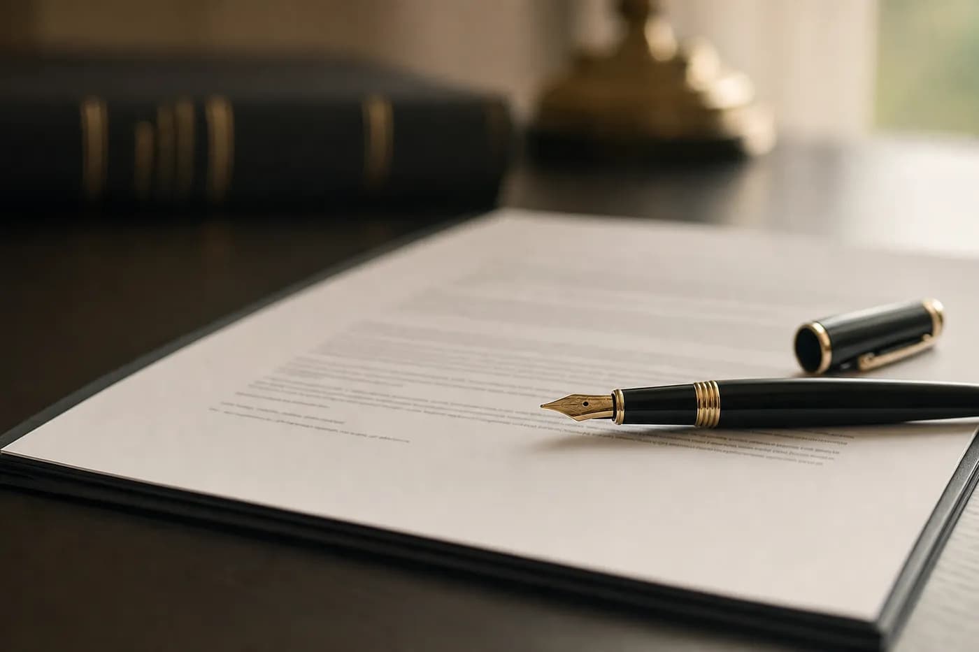 Vertragsrecht, Vertrag mit Füllfederhalter auf dem Schreibtisch