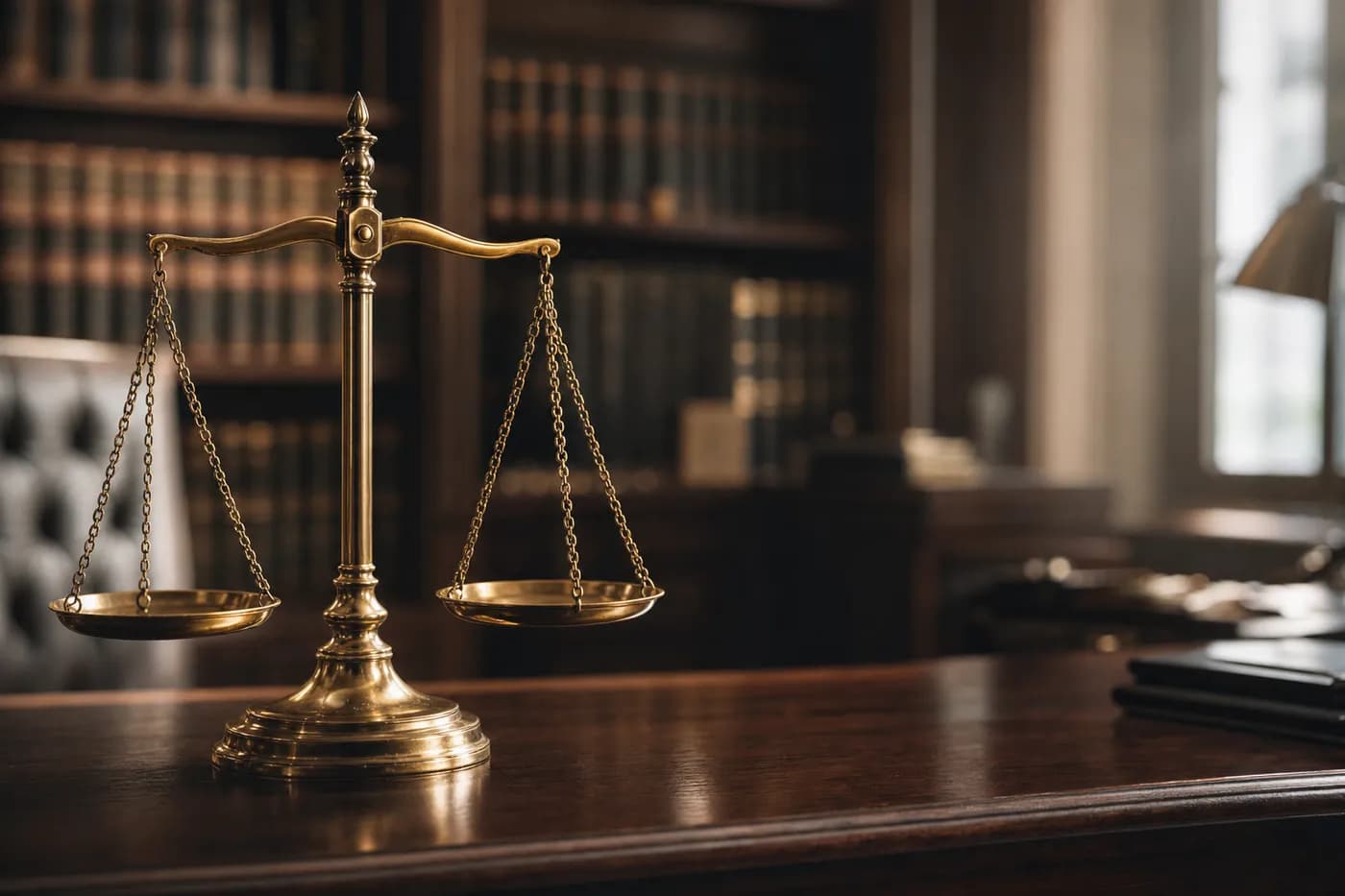 Zivilrecht, Waage der Justiz auf dem Schreibtisch